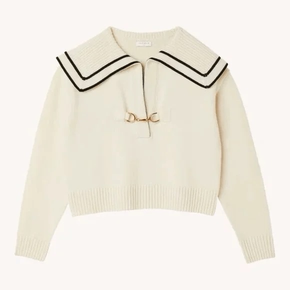Sandro Williams Embellished Wool Polo Sweater w/ Open Collar Size 2 in white